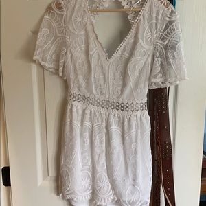 White open back lace romper